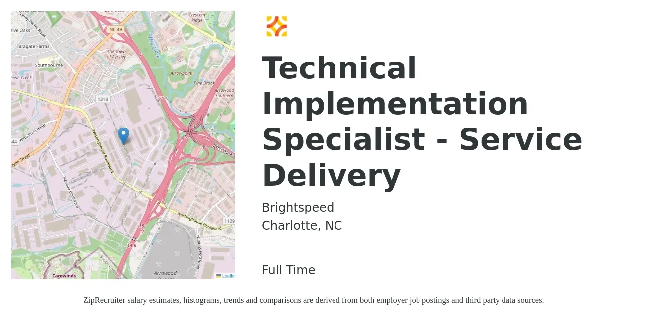 Brightspeed job posting for a Technical Implementation Specialist - Service Delivery in Charlotte, NC with a salary of $25 to $34 Hourly with a map of Charlotte location.