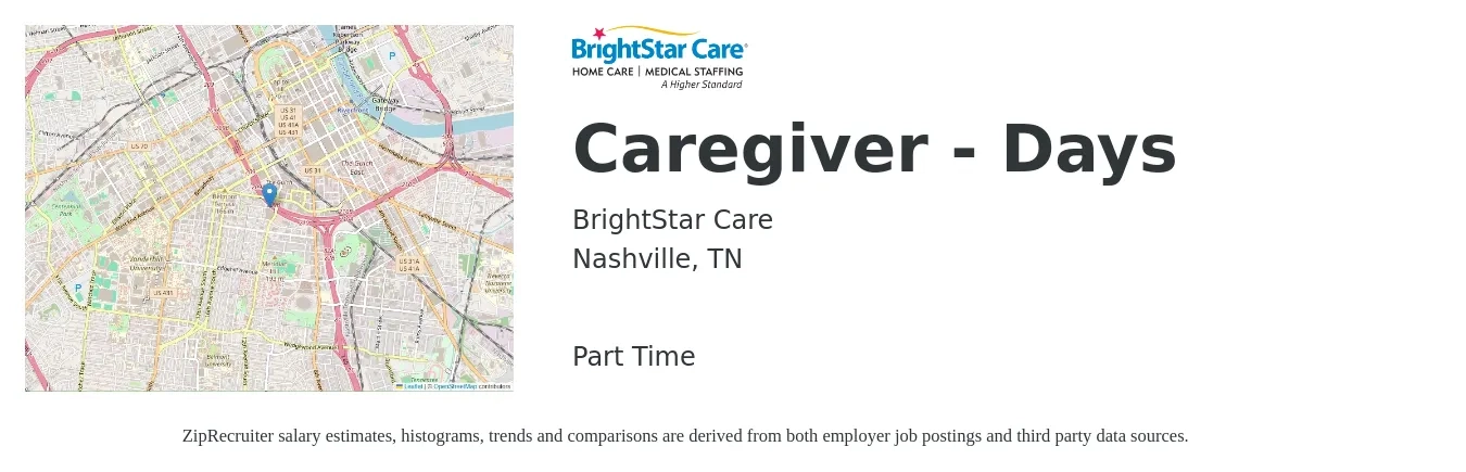 BrightStar Care job posting for a Caregiver - Days in Nashville, TN with a salary of $14 to $18 Hourly with a map of Nashville location.