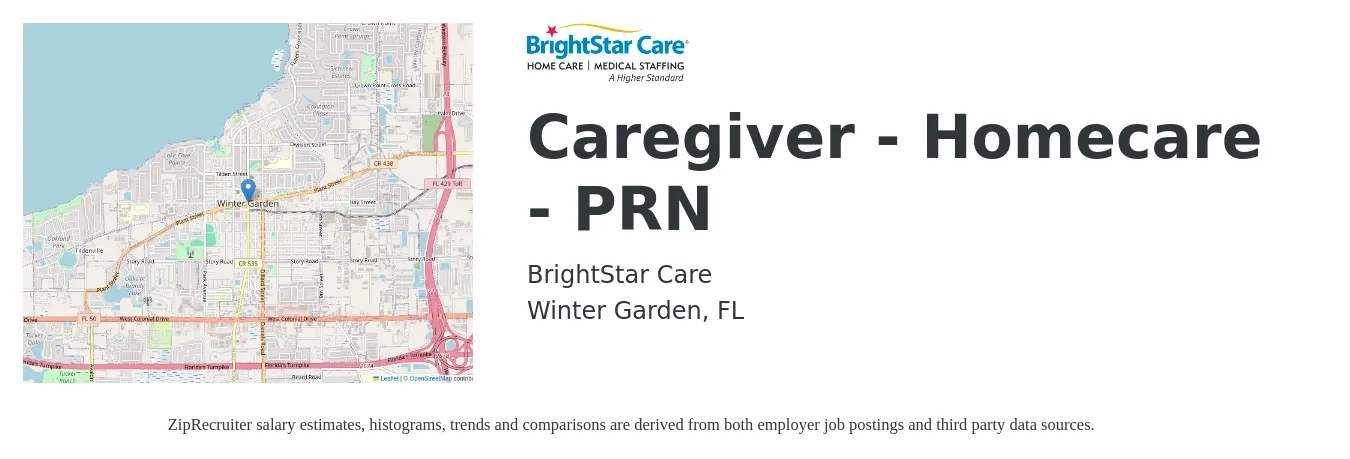 BrightStar Care job posting for a Caregiver - Homecare - PRN in Winter Garden, FL with a salary of $15 Hourly with a map of Winter Garden location.
