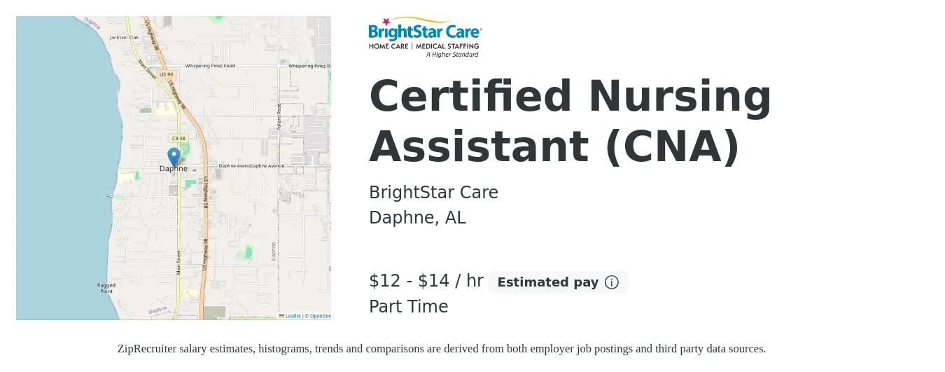 BrightStar Care job posting for a Certified Nursing Assistant (CNA) in Daphne, AL with a salary of $13 to $15 Hourly with a map of Daphne location.