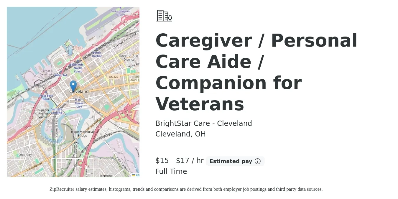 BrightStar Care - Cleveland job posting for a Caregiver / Personal Care Aide / Companion for Veterans in Cleveland, OH with a salary of $16 to $18 Hourly with a map of Cleveland location.