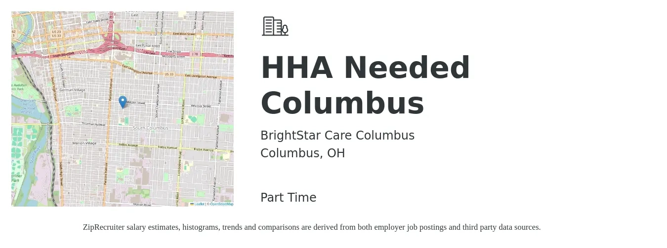 BrightStar Care Columbus job posting for a HHA Needed Columbus in Columbus, OH with a salary of $14 to $18 Hourly with a map of Columbus location.