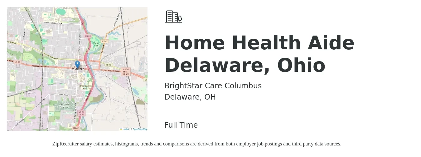 BrightStar Care Columbus job posting for a Home Health Aide Delaware, Ohio in Delaware, OH with a salary of $14 to $18 Hourly with a map of Delaware location.