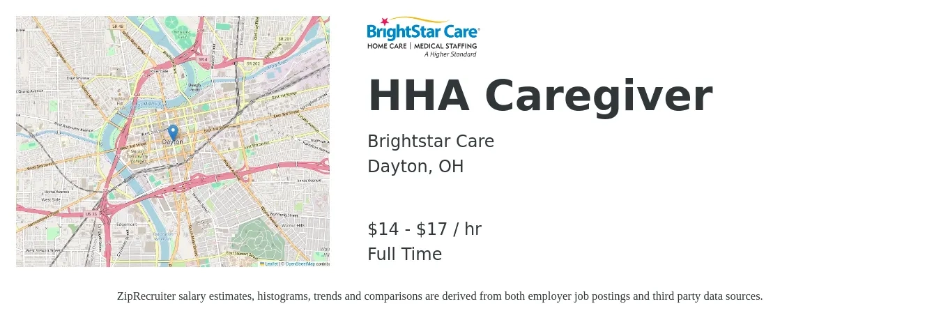 Brightstar Care job posting for a HHA Caregiver in Dayton, OH with a salary of $15 to $18 Hourly with a map of Dayton location.