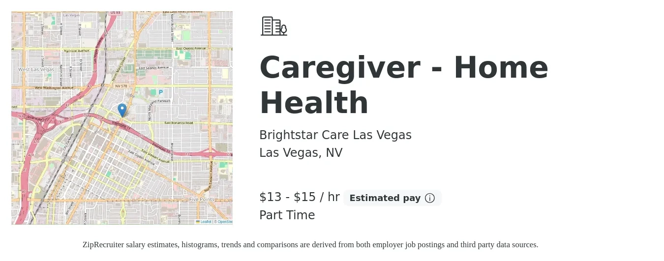 BrightStar Care Las Vegas job posting for a Caregiver - Home Health in Las Vegas, NV with a salary of $14 to $16 Hourly with a map of Las Vegas location.