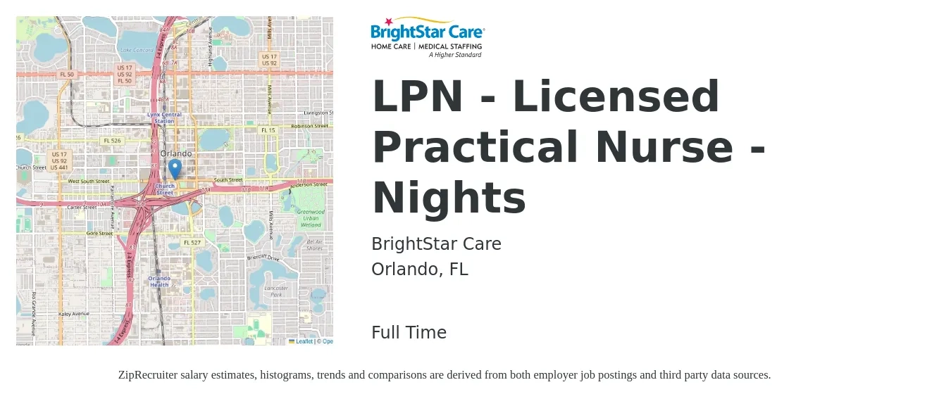 BrightStar Care job posting for a LPN - Licensed Practical Nurse - Nights in Orlando, FL with a salary of $23 to $31 Hourly with a map of Orlando location.