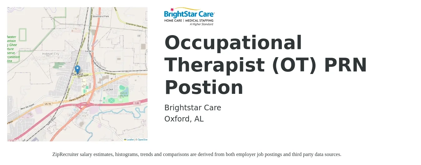 Brightstar Care job posting for a Occupational Therapist (OT) PRN Postion in Oxford, AL with a salary of $32 to $42 Hourly with a map of Oxford location.