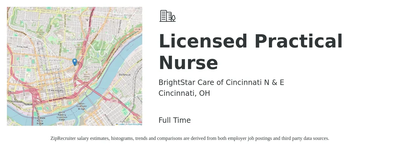 BrightStar Care of Cincinnati N & E job posting for a Licensed Practical Nurse in Cincinnati, OH with a salary of $25 to $34 Hourly with a map of Cincinnati location.