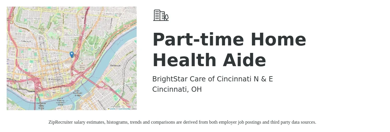 BrightStar Care of Cincinnati N & E job posting for a Part-time Home Health Aide in Cincinnati, OH with a salary of $14 to $18 Hourly with a map of Cincinnati location.