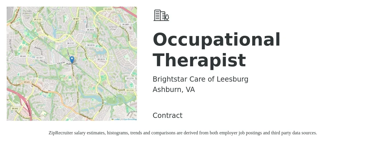 Brightstar Care of Leesburg job posting for a Occupational Therapist in Ashburn, VA with a salary of $41 to $54 Hourly with a map of Ashburn location.