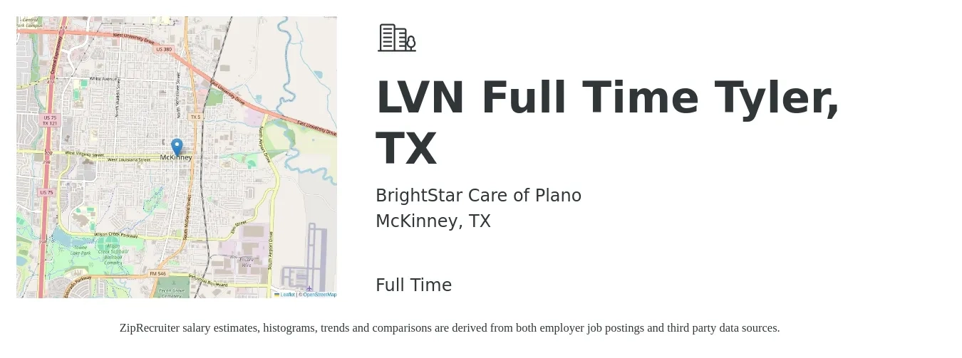 BrightStar Care of Plano job posting for a LVN Full Time Tyler, TX in McKinney, TX with a salary of $58,000 to $58,240 Yearly with a map of McKinney location.