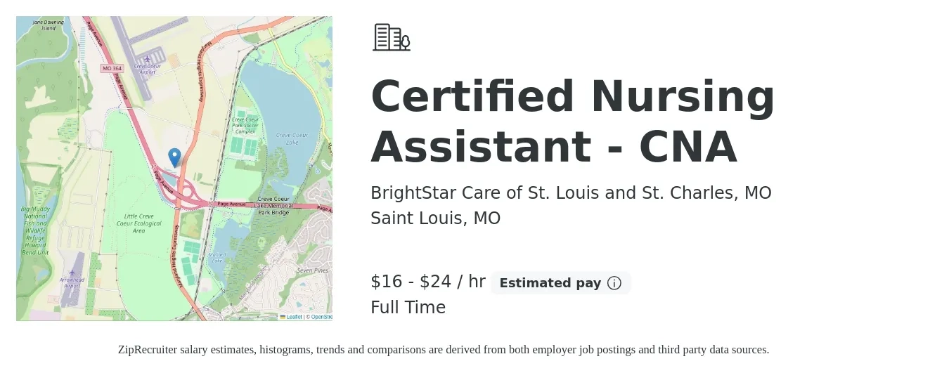 BrightStar Care of St. Louis and St. Charles, MO job posting for a Certified Nursing Assistant - CNA in Saint Louis, MO with a salary of $18 to $25 Hourly with a map of Saint Louis location.