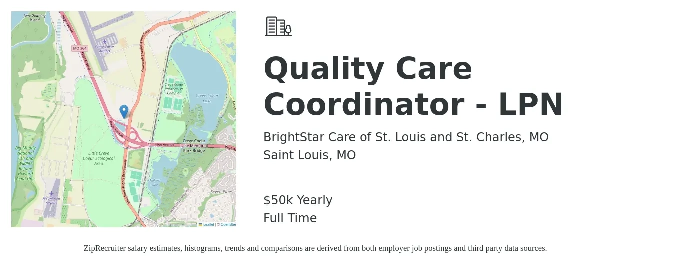 BrightStar Care of St. Louis and St. Charles, MO job posting for a Quality Care Coordinator - LPN in Saint Louis, MO with a salary of $50,000 Yearly with a map of Saint Louis location.