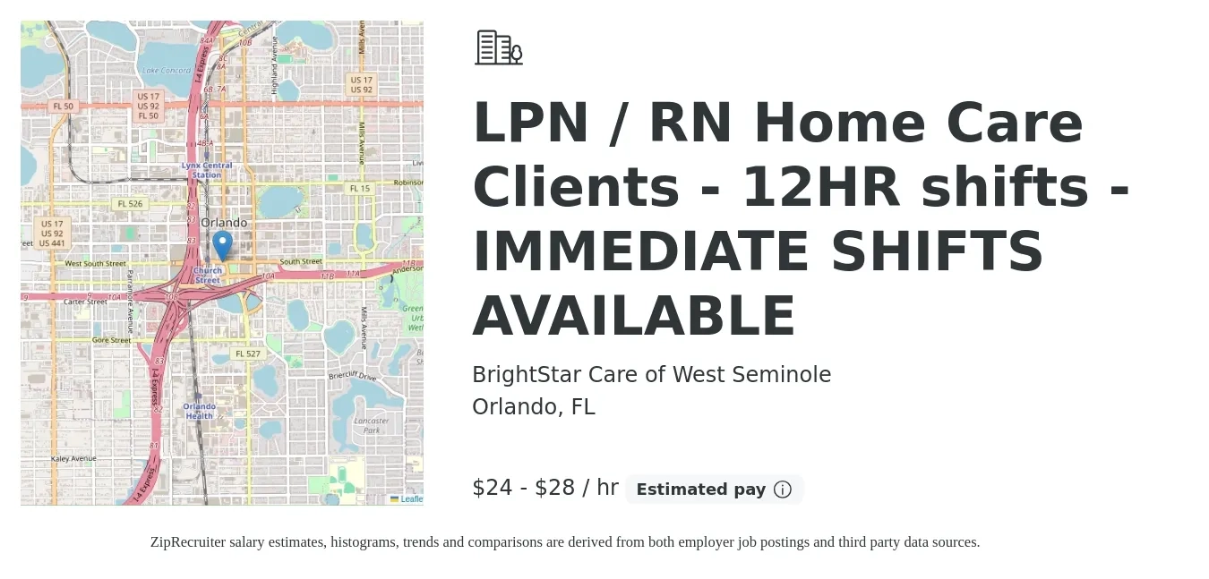 BrightStar Care of West Seminole job posting for a LPN / RN Home Care Clients - 12HR shifts - IMMEDIATE SHIFTS AVAILABLE in Orlando, FL with a salary of $25 to $30 Hourly with a map of Orlando location.