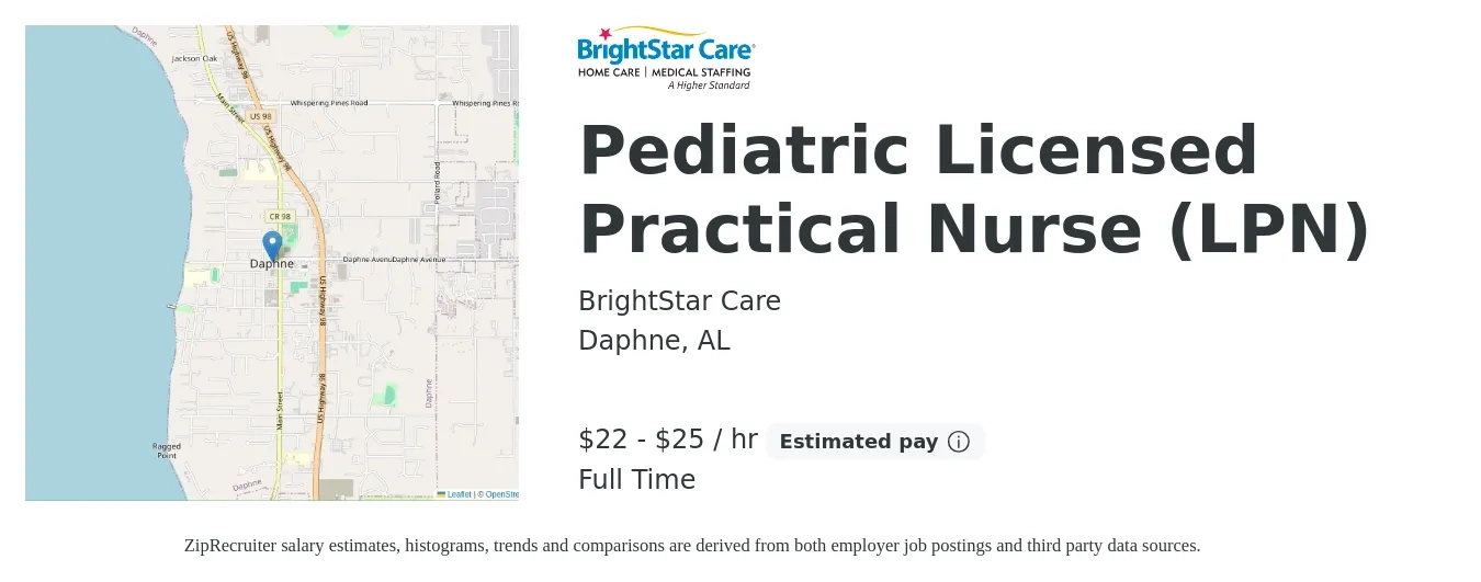 BrightStar Care job posting for a Pediatric Licensed Practical Nurse (LPN) in Daphne, AL with a salary of $23 to $26 Hourly with a map of Daphne location.