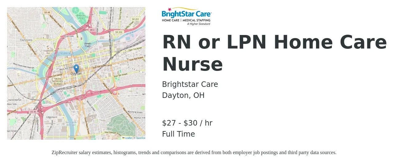 Brightstar Care job posting for a RN or LPN Home Care Nurse in Dayton, OH with a salary of $29 to $32 Hourly with a map of Dayton location.