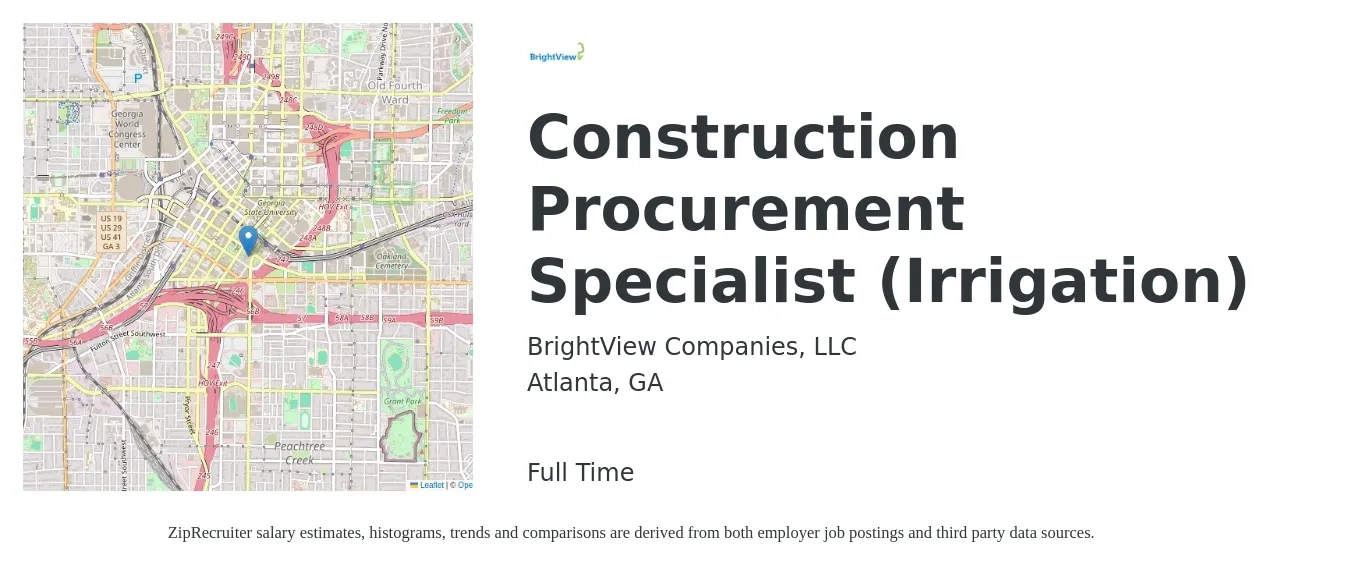 BrightView Companies, LLC job posting for a Construction Procurement Specialist (Irrigation) in Atlanta, GA with a salary of $24 to $36 Hourly with a map of Atlanta location.