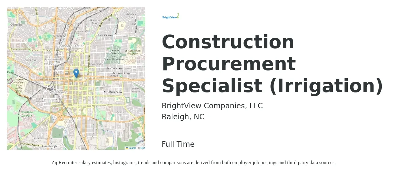 BrightView Companies, LLC job posting for a Construction Procurement Specialist (Irrigation) in Raleigh, NC with a salary of $24 to $37 Hourly with a map of Raleigh location.