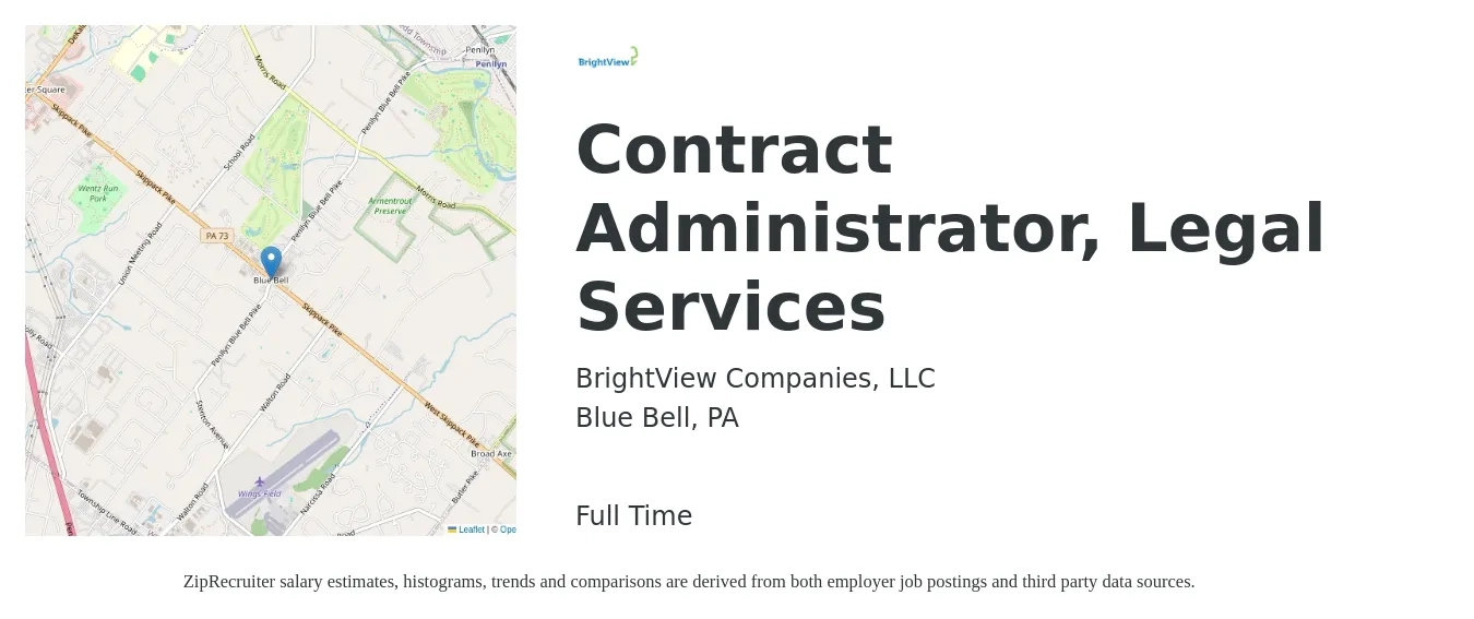 BrightView Companies, LLC job posting for a Contract Administrator, Legal Services in Blue Bell, PA with a salary of $54,500 to $84,100 Yearly with a map of Blue Bell location.
