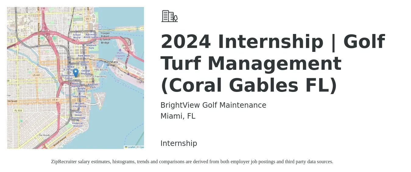 BrightView Golf Maintenance job posting for a 2024 Internship | Golf Turf Management (Coral Gables FL) in Miami, FL with a salary of $14 to $20 Hourly with a map of Miami location.