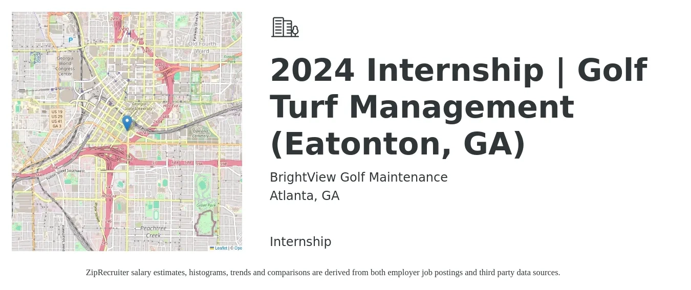 BrightView Golf Maintenance job posting for a 2024 Internship | Golf Turf Management (Eatonton, GA) in Atlanta, GA with a salary of $14 to $20 Hourly with a map of Atlanta location.
