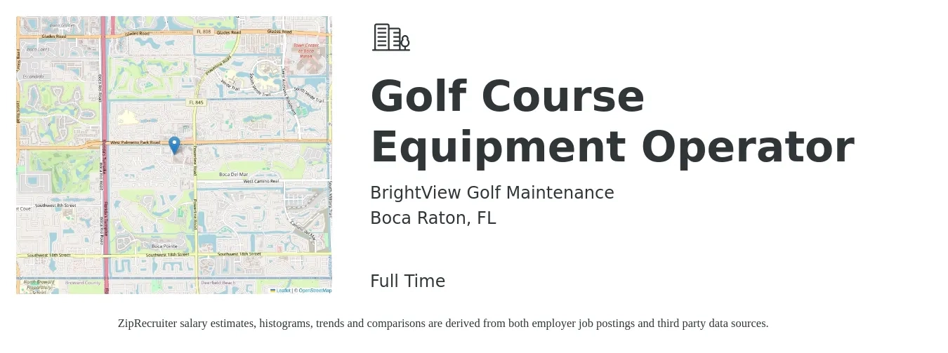 BrightView Golf Maintenance job posting for a Golf Course Equipment Operator in Boca Raton, FL with a salary of $14 to $18 Hourly with a map of Boca Raton location.