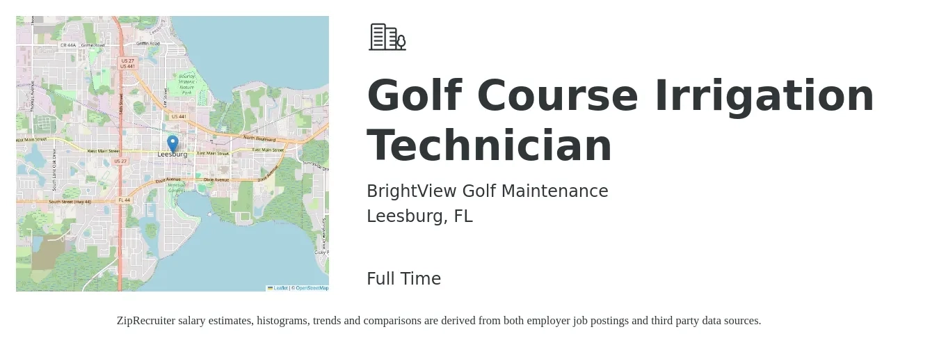 BrightView Golf Maintenance job posting for a Golf Course Irrigation Technician in Leesburg, FL with a salary of $16 to $22 Hourly with a map of Leesburg location.