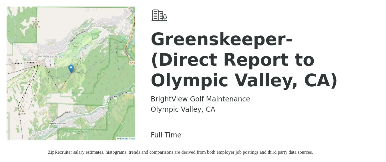 BrightView Golf Maintenance job posting for a Greenskeeper- (Direct Report to Olympic Valley, CA) in Olympic Valley, CA with a salary of $16 to $20 Hourly with a map of Olympic Valley location.