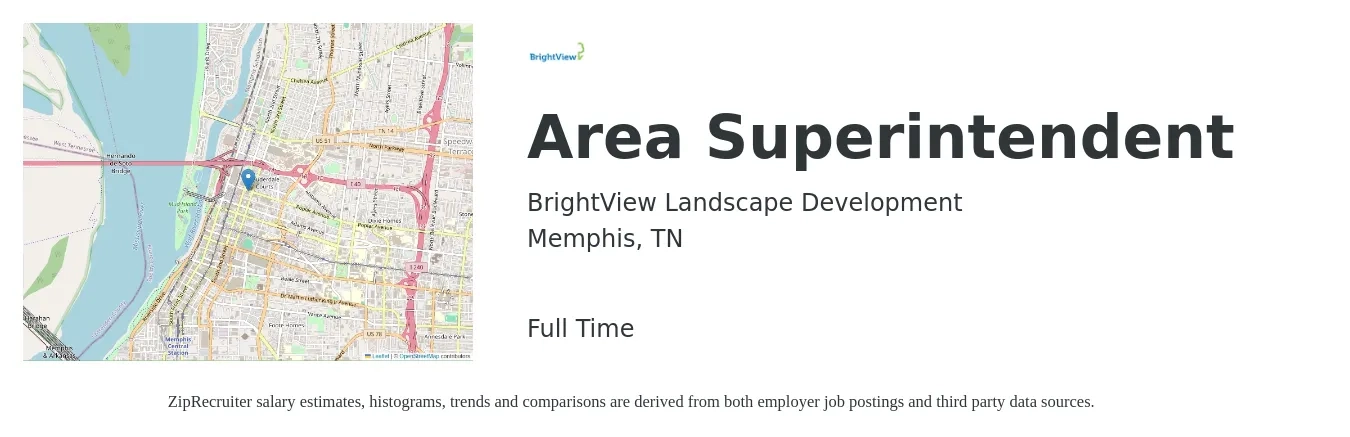 BrightView Landscape Development job posting for a Area Superintendent in Memphis, TN with a salary of $62,600 to $101,800 Yearly with a map of Memphis location.