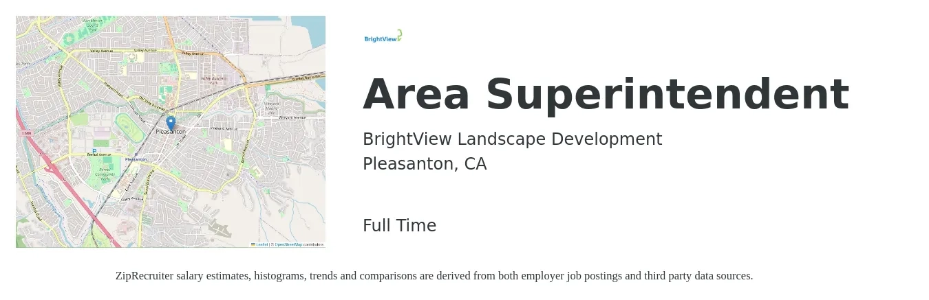 BrightView Landscape Development job posting for a Area Superintendent in Pleasanton, CA with a salary of $78,400 to $127,600 Yearly with a map of Pleasanton location.
