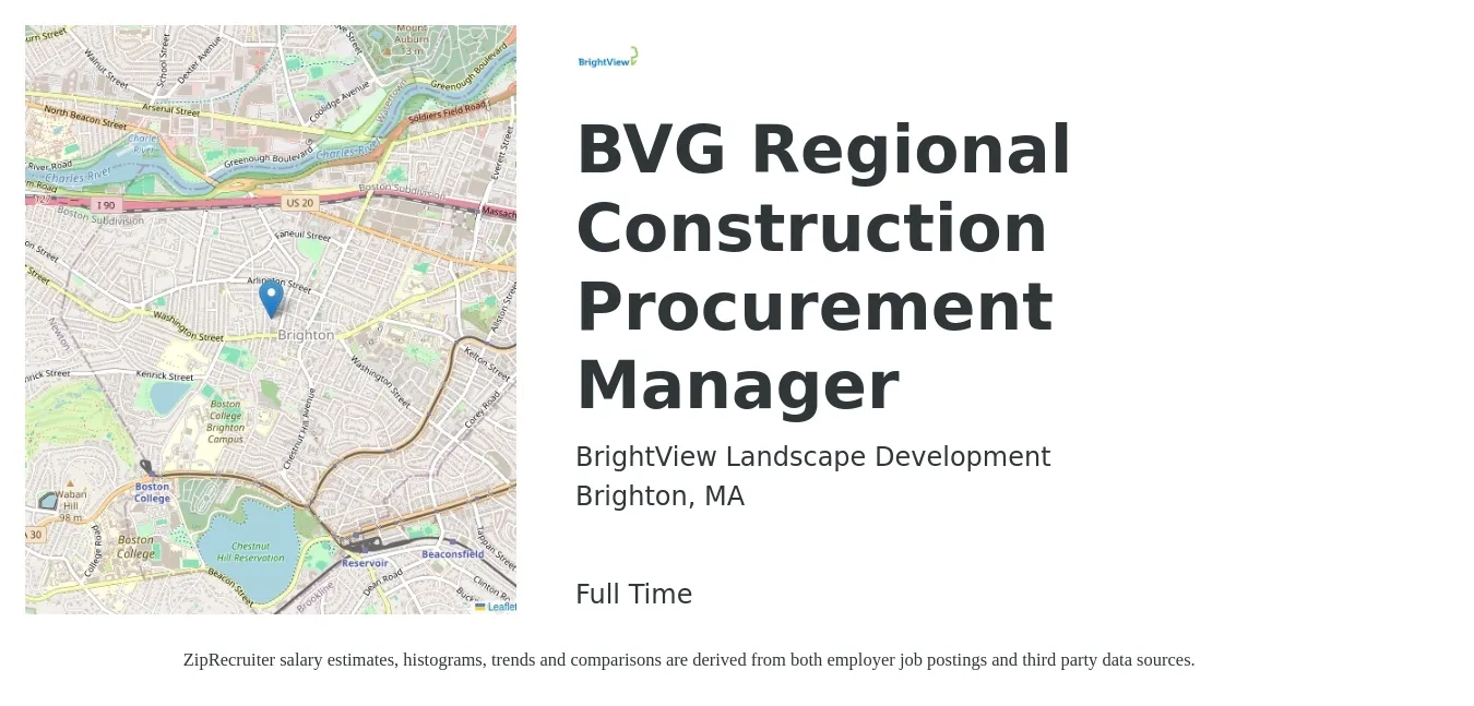 BrightView Landscape Development job posting for a BVG Regional Construction Procurement Manager in Brighton, MA with a salary of $80,600 to $124,200 Yearly with a map of Brighton location.