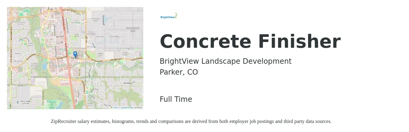 BrightView Landscape Development job posting for a Concrete Finisher in Parker, CO with a salary of $22 to $30 Hourly with a map of Parker location.