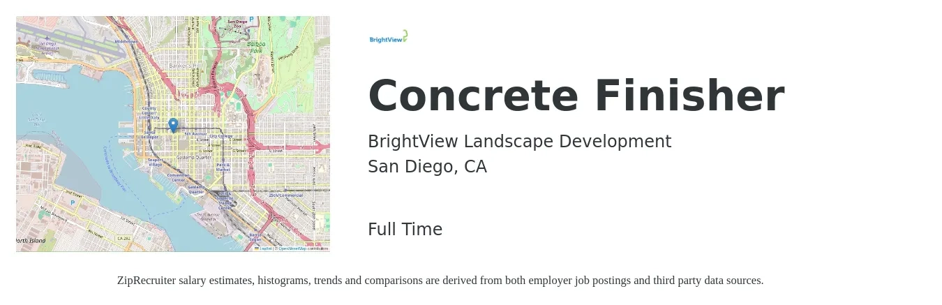 BrightView Landscape Development job posting for a Concrete Finisher in San Diego, CA with a salary of $22 to $30 Hourly with a map of San Diego location.