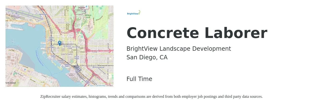 BrightView Landscape Development job posting for a Concrete Laborer in San Diego, CA with a salary of $19 to $26 Hourly with a map of San Diego location.