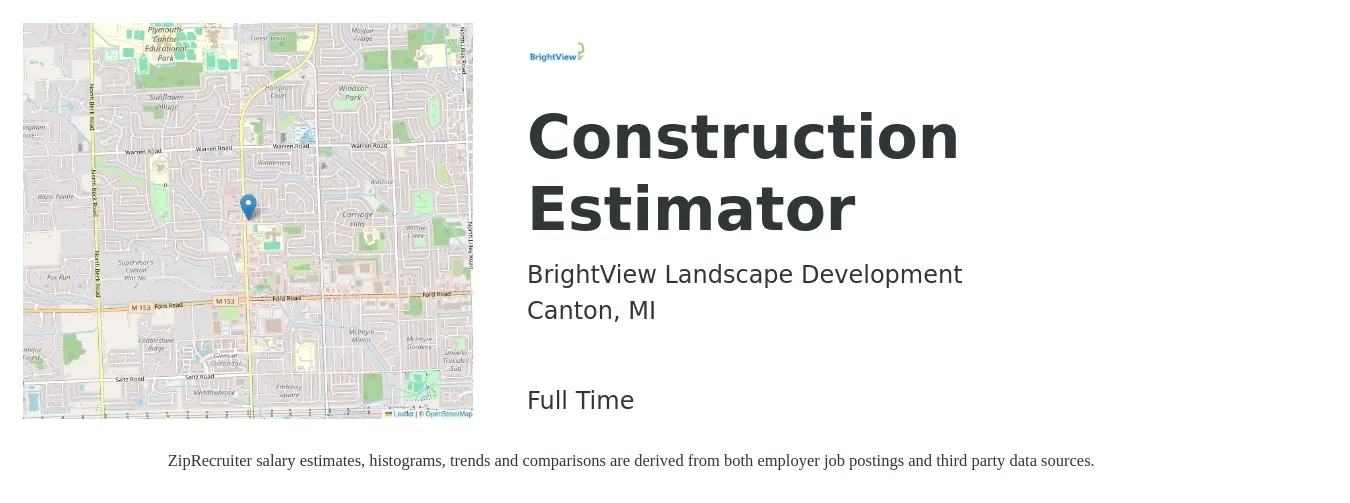 BrightView Landscape Development job posting for a Construction Estimator in Canton, MI with a salary of $57,800 to $92,400 Yearly with a map of Canton location.