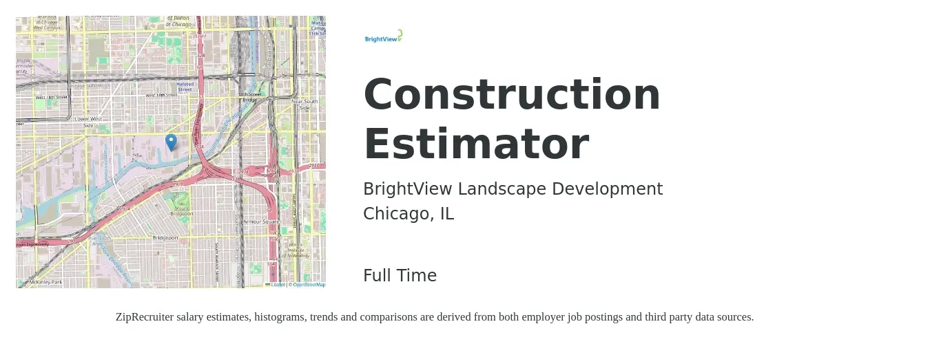 BrightView Landscape Development job posting for a Construction Estimator in Chicago, IL with a salary of $63,900 to $102,000 Yearly with a map of Chicago location.