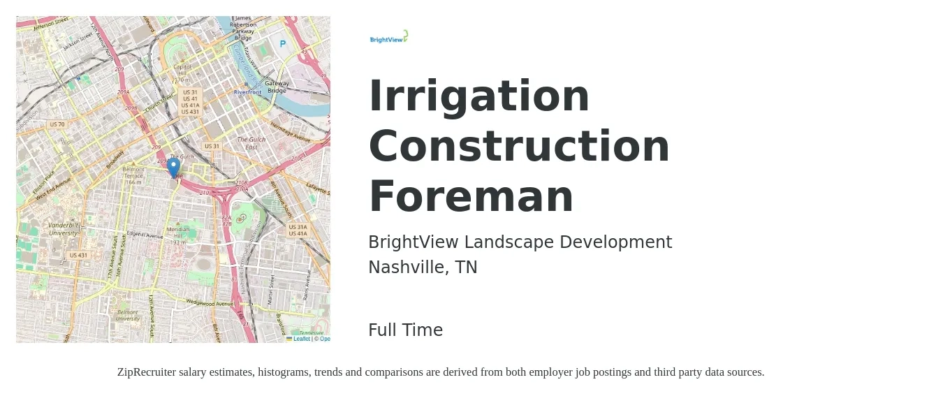 BrightView Landscape Development job posting for a Irrigation Construction Foreman in Nashville, TN with a salary of $43,000 to $66,600 Yearly with a map of Nashville location.