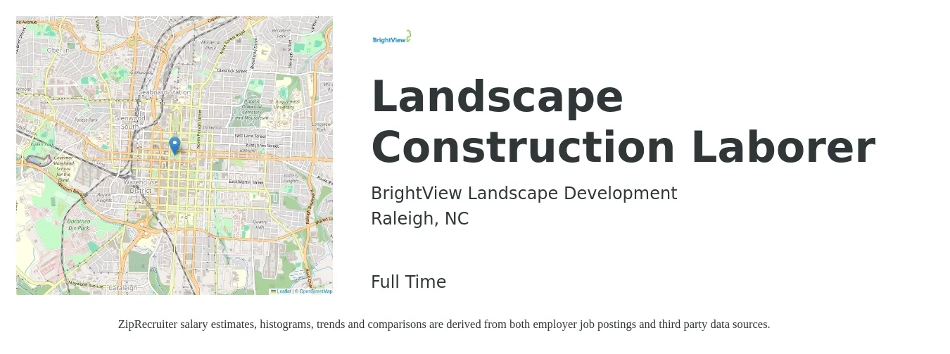 BrightView Landscape Development job posting for a Landscape Construction Laborer in Raleigh, NC with a salary of $14 to $18 Hourly with a map of Raleigh location.