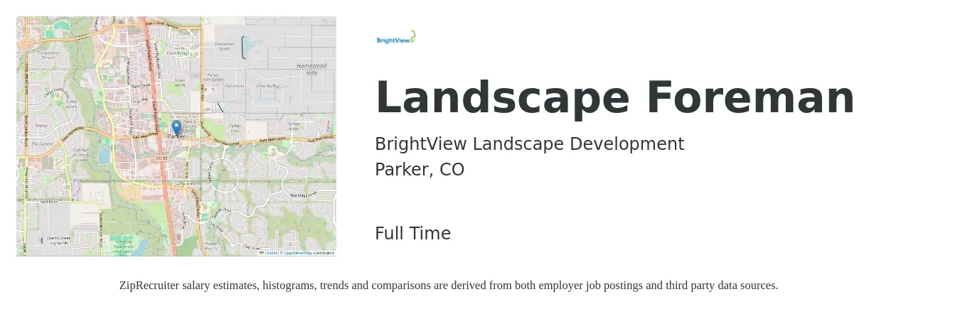 BrightView Landscape Development job posting for a Landscape Foreman in Parker, CO with a salary of $20 to $29 Hourly with a map of Parker location.
