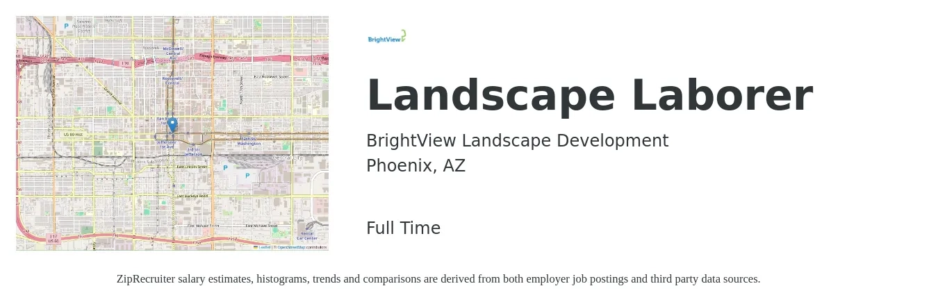 BrightView Landscape Development job posting for a Landscape Laborer in Phoenix, AZ with a salary of $15 to $19 Hourly with a map of Phoenix location.