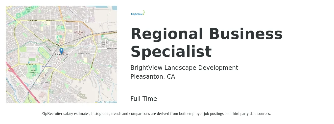 BrightView Landscape Development job posting for a Regional Business Specialist in Pleasanton, CA with a salary of $76,200 to $128,700 Yearly with a map of Pleasanton location.