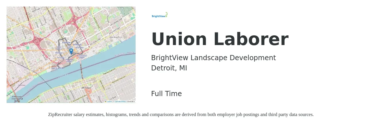 BrightView Landscape Development job posting for a Union Laborer in Detroit, MI with a salary of $15 to $20 Hourly with a map of Detroit location.