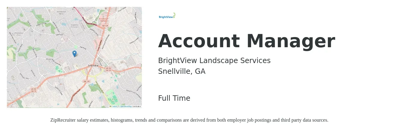 BrightView Landscape Services job posting for a Account Manager in Snellville, GA with a salary of $41,400 to $67,700 Yearly with a map of Snellville location.