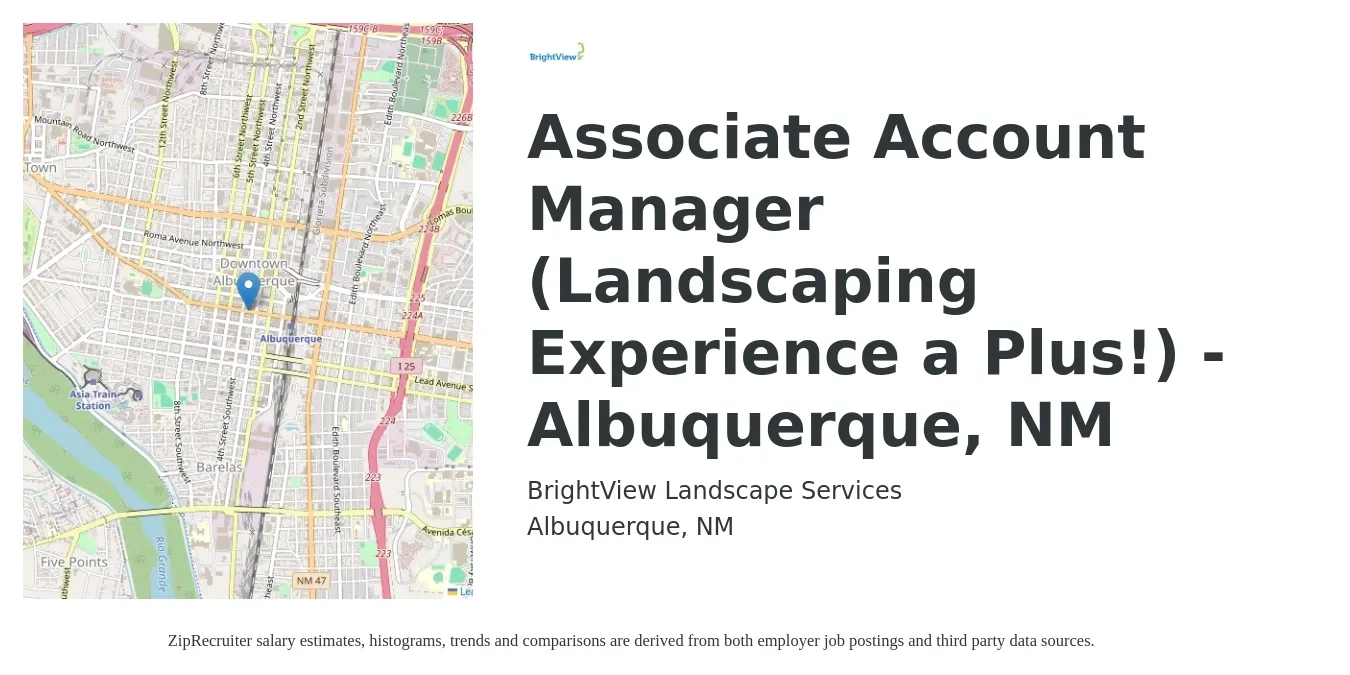 BrightView Landscape Services job posting for a Associate Account Manager (Landscaping Experience a Plus!) - Albuquerque, NM in Albuquerque, NM with a salary of $112,300 to $116,800 Yearly with a map of Albuquerque location.