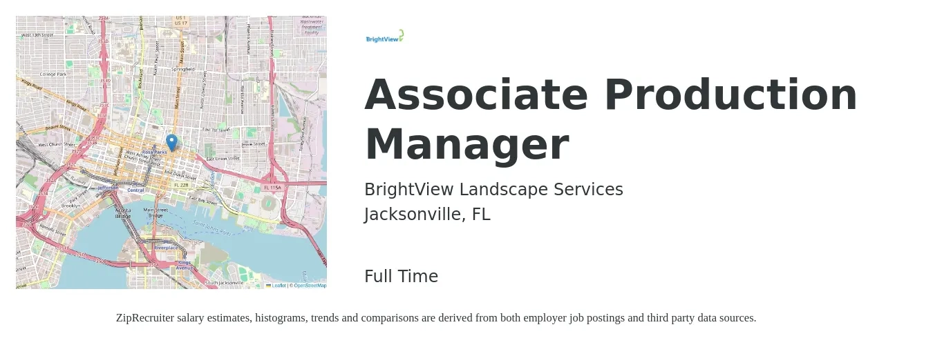 BrightView Landscape Services job posting for a Associate Production Manager in Jacksonville, FL with a salary of $16 to $28 Hourly with a map of Jacksonville location.