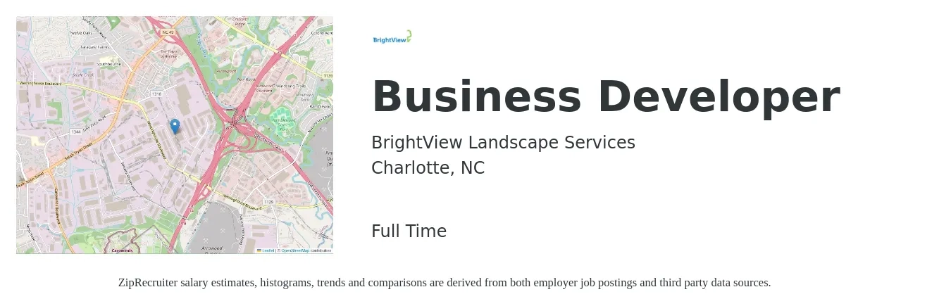 BrightView Landscape Services job posting for a Business Developer in Charlotte, NC with a salary of $48,500 to $104,900 Yearly with a map of Charlotte location.