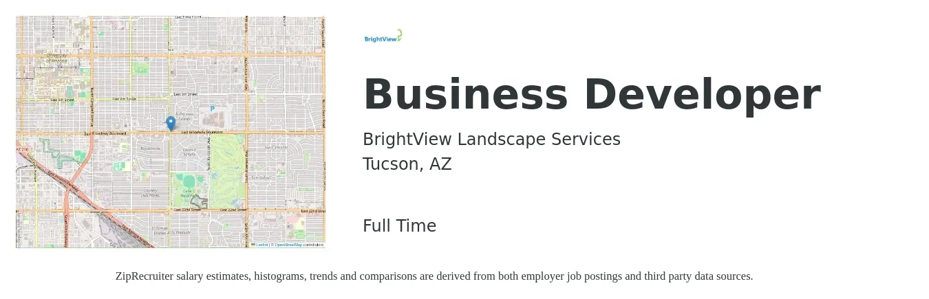 BrightView Landscape Services job posting for a Business Developer in Tucson, AZ with a salary of $48,700 to $105,400 Yearly with a map of Tucson location.