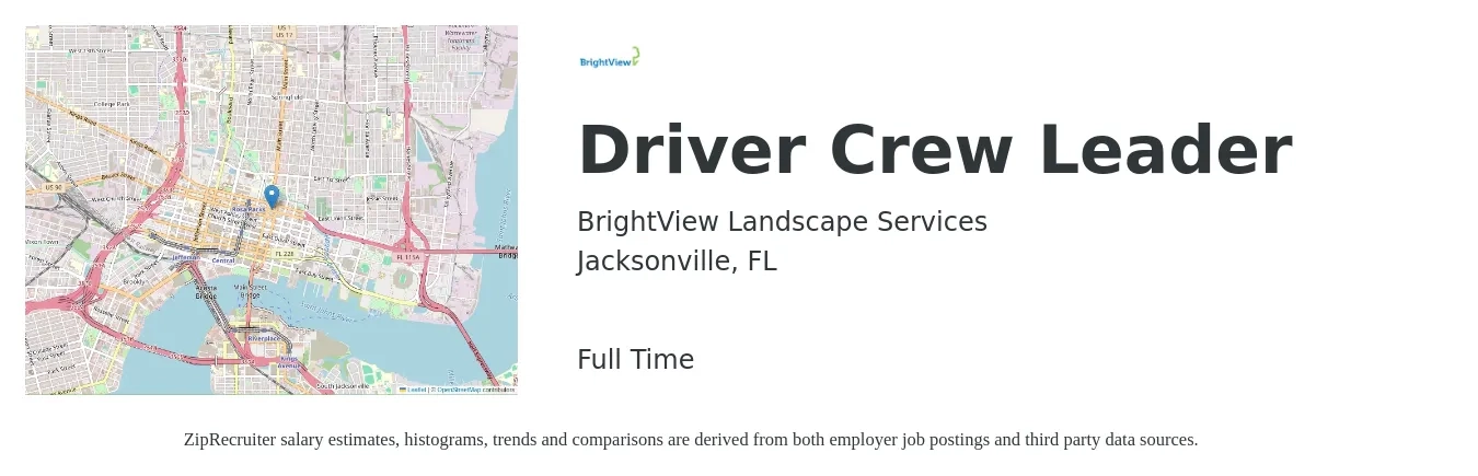 BrightView Landscape Services job posting for a Driver Crew Leader in Jacksonville, FL with a salary of $16 to $23 Hourly with a map of Jacksonville location.