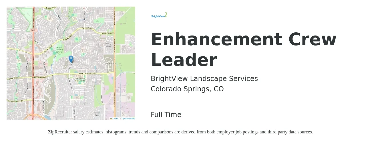 BrightView Landscape Services job posting for a Enhancement Crew Leader in Colorado Springs, CO with a salary of $17 to $26 Hourly with a map of Colorado Springs location.