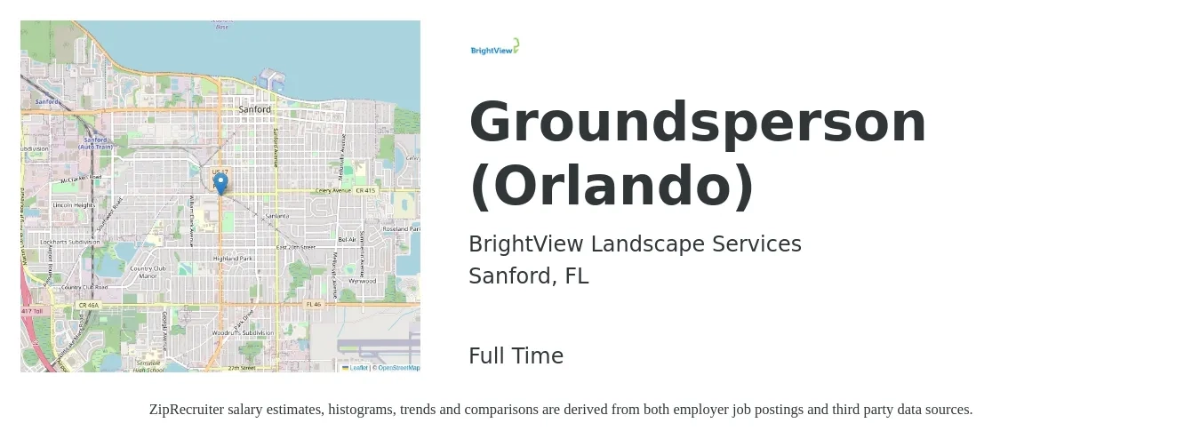 BrightView Landscape Services job posting for a Groundsperson (Orlando) in Sanford, FL with a salary of $14 to $18 Hourly with a map of Sanford location.